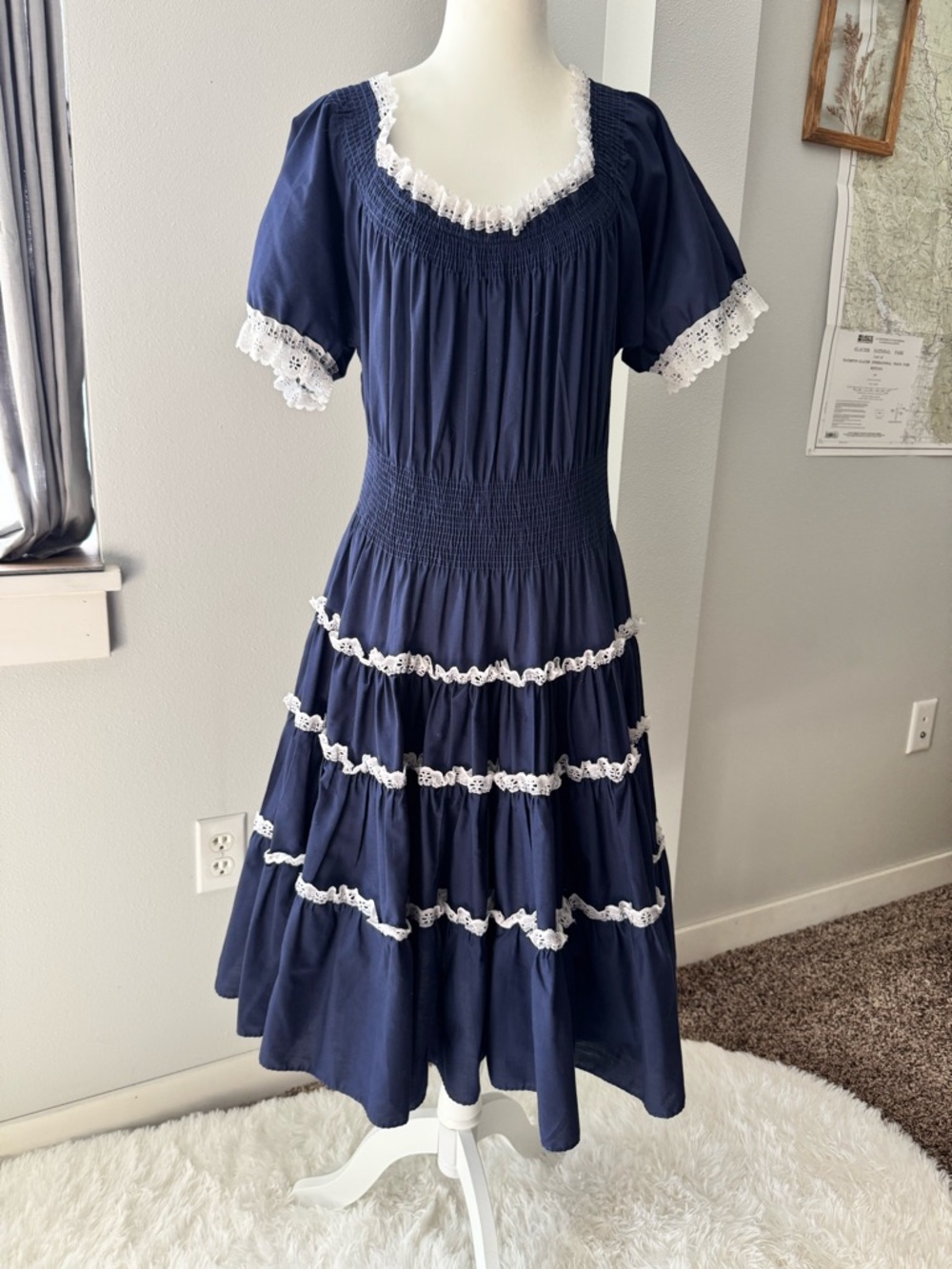 Vintage Partners Please western prairie Swing dress navy blue lace size L-XL